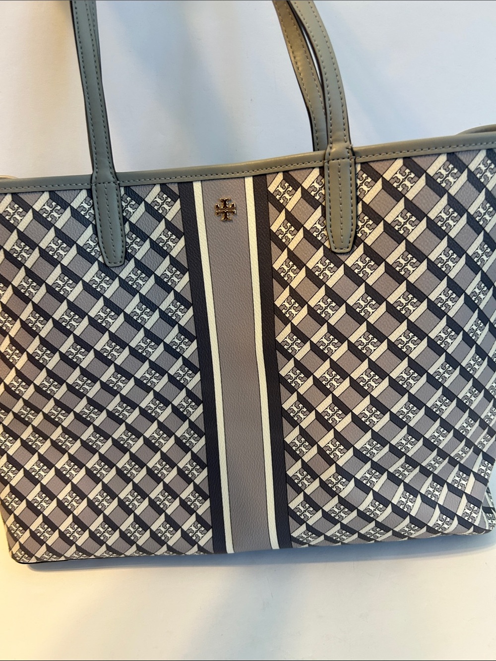 Tory Burch Gray Patterned Canvas Tote with Center Stripe - Picture 16 of 16